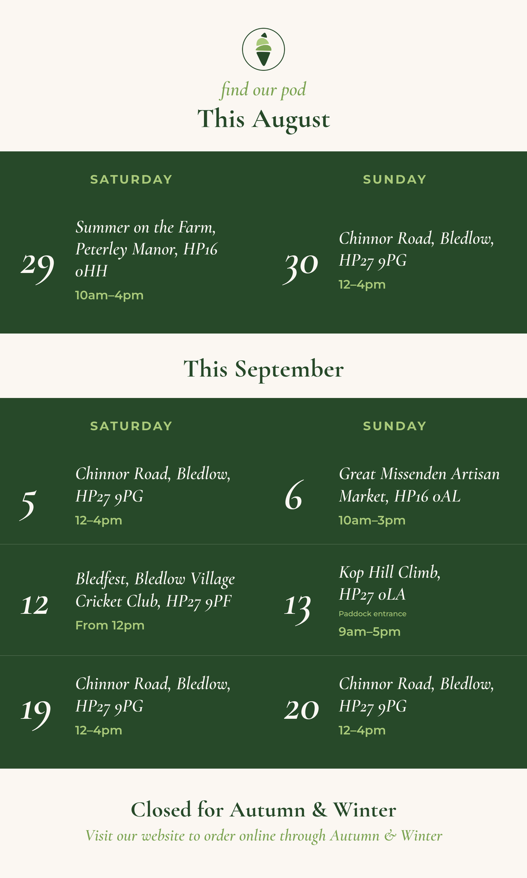 Holly Green Dairy pod schedule for August and September